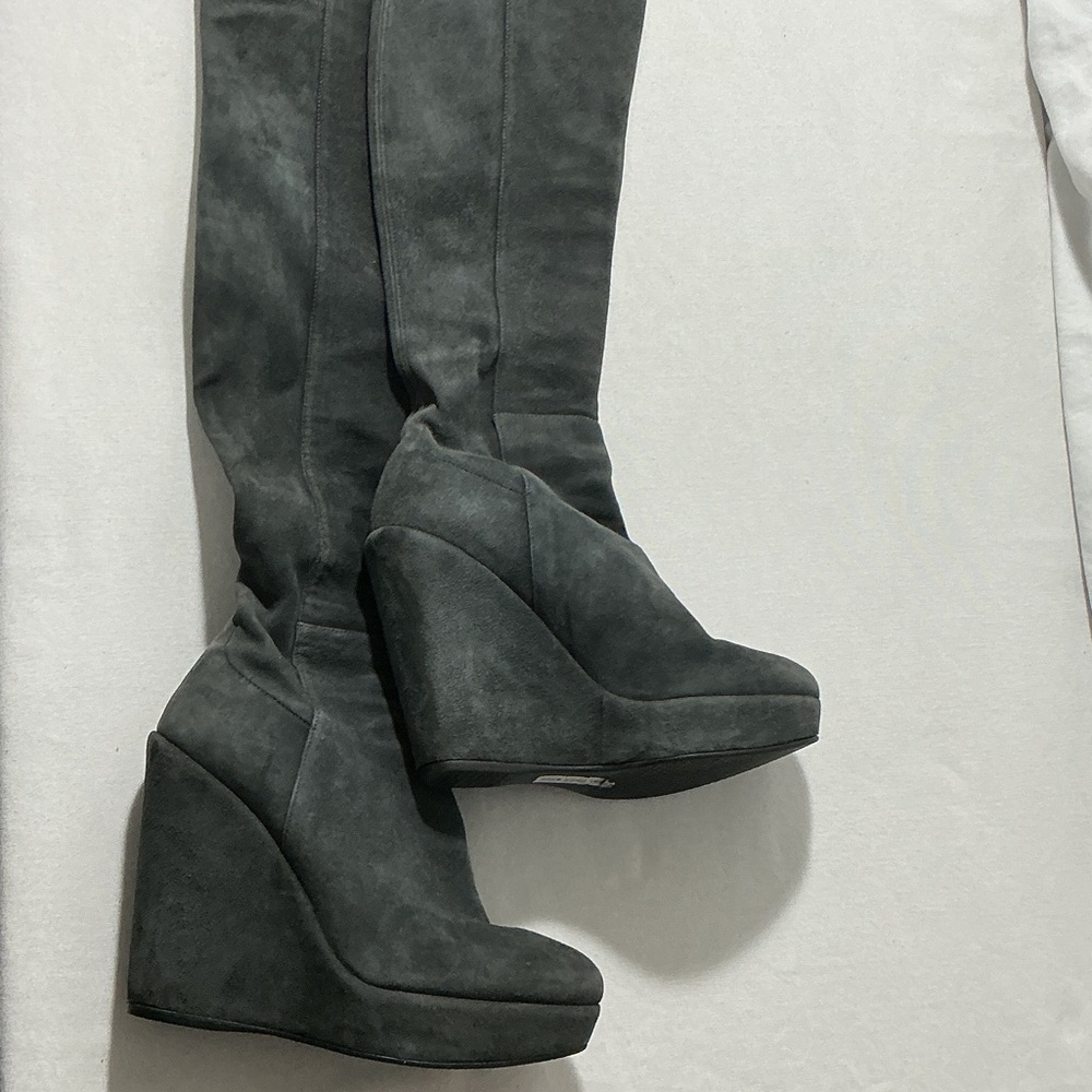 Women’s Tall Wedge Boots in Dark Gray - Stylish Suede Look